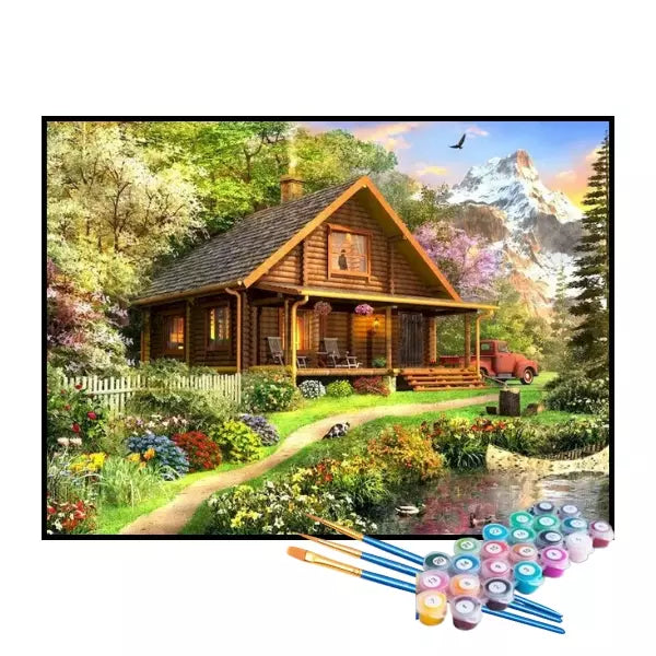 Kit de Pintura Numerada - Cabana nas Montanhas Floridas