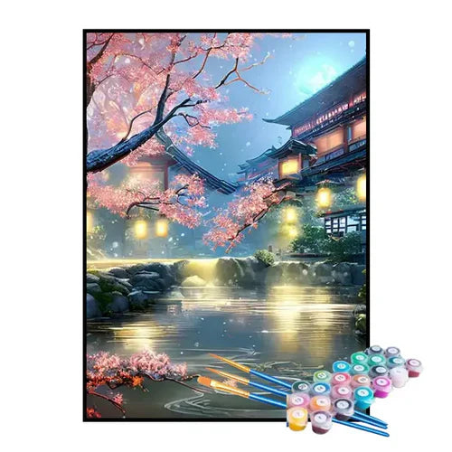Kit de Pintura Numerada - Casa Oriental com Cerejeira