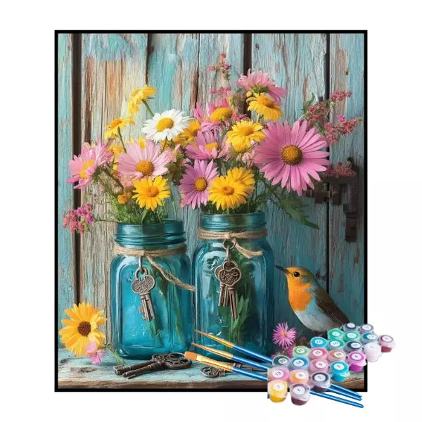 Kit de Pintura Numerada - Flores em Potes Azuis