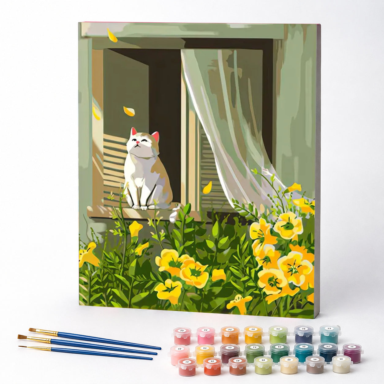 Kit de Pintura Numerada - Gatinho Observando as Pétalas da Flor