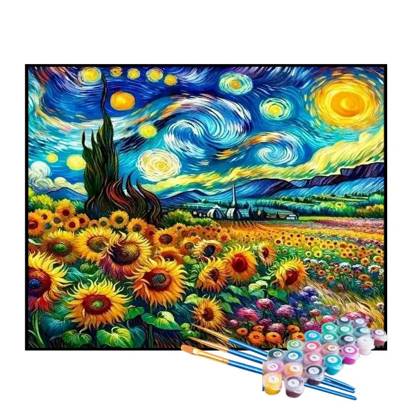 Kit de Pintura Numerada - A Noite Estrelada e os Girassóis de Van Gogh
