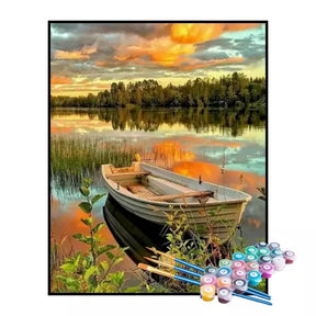 Kit de Pintura Numerada - Barco ao Entardecer no Lago