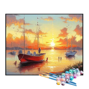 Kit de Pintura Numerada - Barcos ao Pôr do Sol