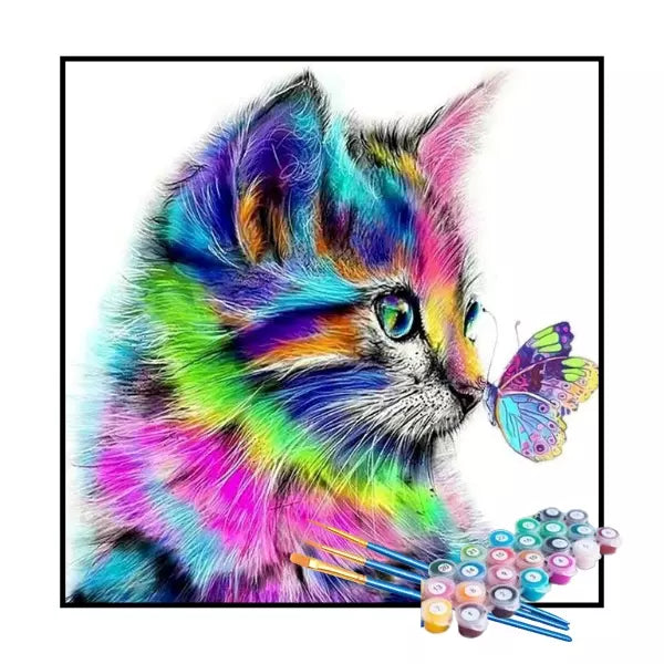 Kit de Pintura Numerada - Gatinho Arco-Íris e Borboleta