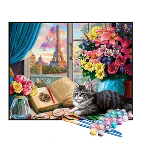 Kit de Pintura Numerada - Gato Leitor em Paris