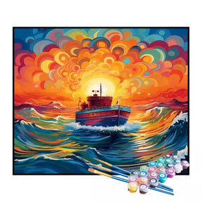 Kit de Pintura Numerada - Navio em Ondas Coloridas