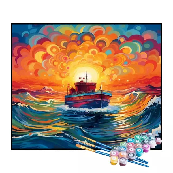 Kit de Pintura Numerada - Navio em Ondas Coloridas
