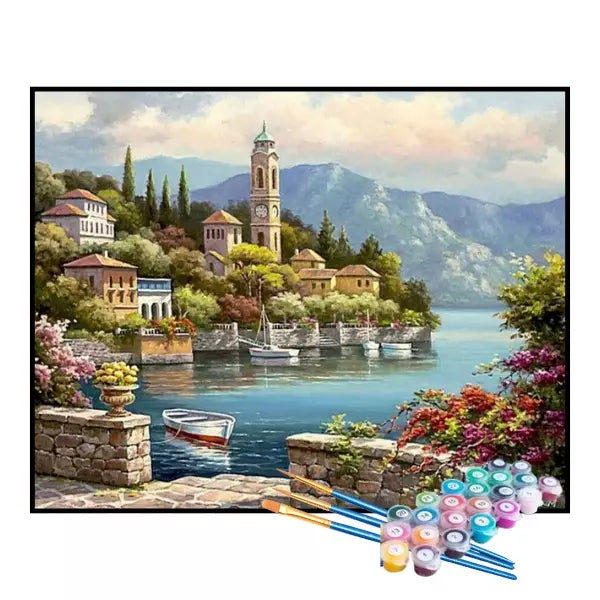 Kit de Pintura Numerada - Vila à Beira do Lago Azul