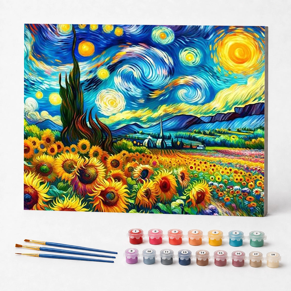 Kit de Pintura Numerada - A Noite Estrelada e os Girassóis de Van Gogh