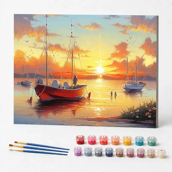 Kit de Pintura Numerada - Barcos ao Pôr do Sol