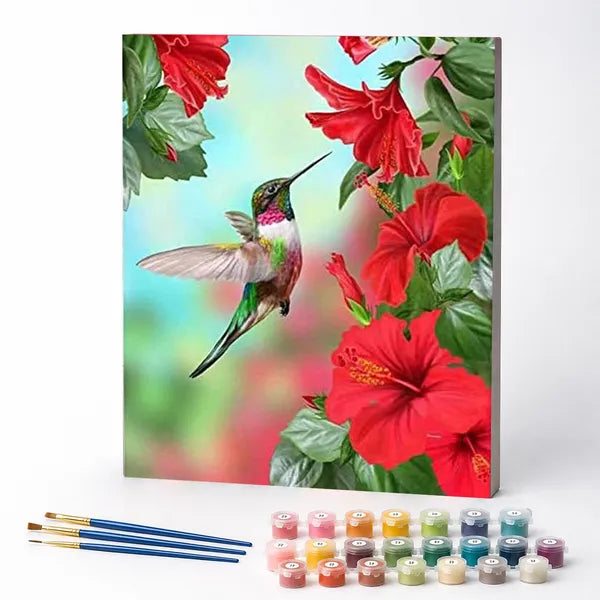 Kit de Pintura Numerada - Beija-flor na Flor Vermelha