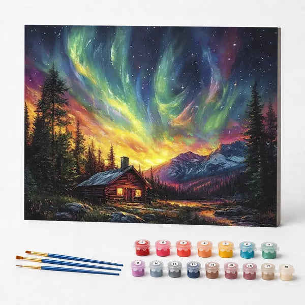 Kit de Pintura Numerada - Cabana e Aurora Boreal