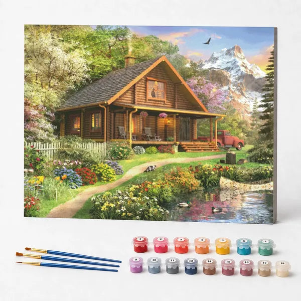 Kit de Pintura Numerada - Cabana nas Montanhas Floridas