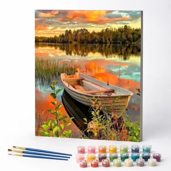 Kit de Pintura Numerada - Barco ao Entardecer no Lago