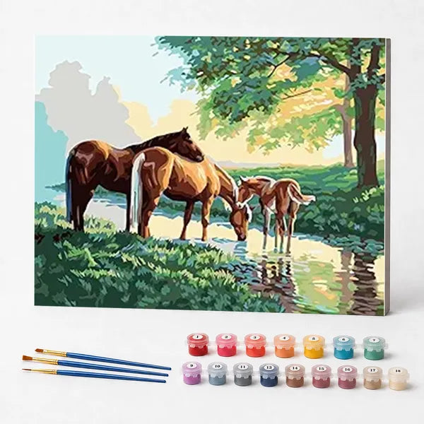 Kit de Pintura Numerada - Família de Cavalos no Lago