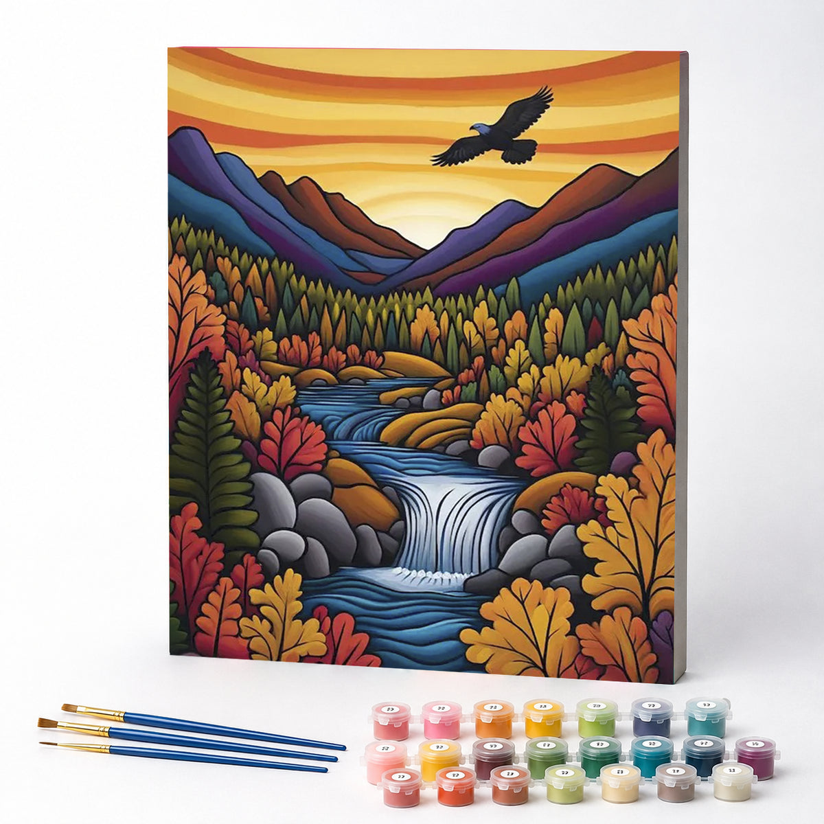 Kit de Pintura Numerada - Floresta com Cachoeira Colorida