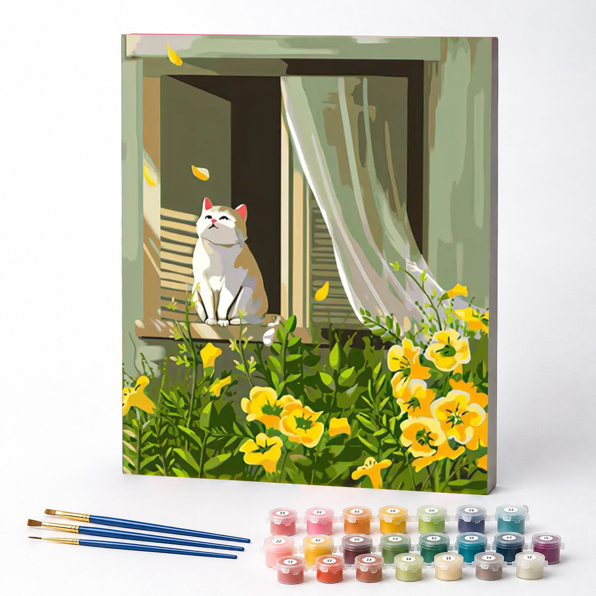 Kit de Pintura Numerada - Gatinho Observando as Pétalas da Flor