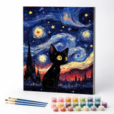 Kit de Pintura Numerada - Gatinho Preto Sob a Noite Estrelada