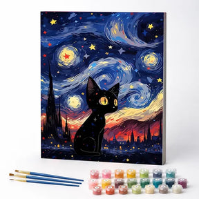 Kit de Pintura Numerada - Gatinho Preto Sob a Noite Estrelada