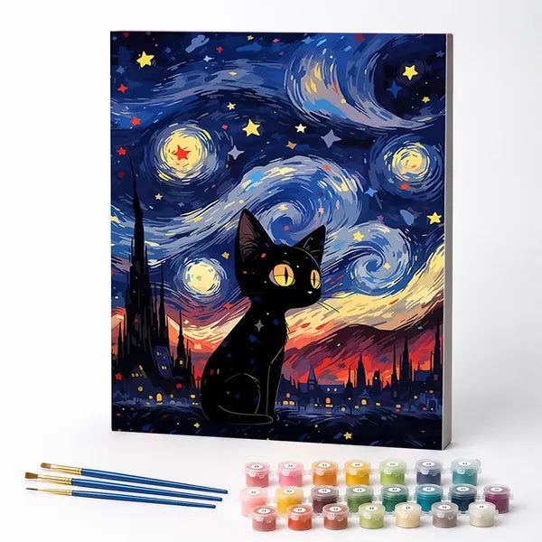 Kit de Pintura Numerada - Gatinho Preto Sob a Noite Estrelada