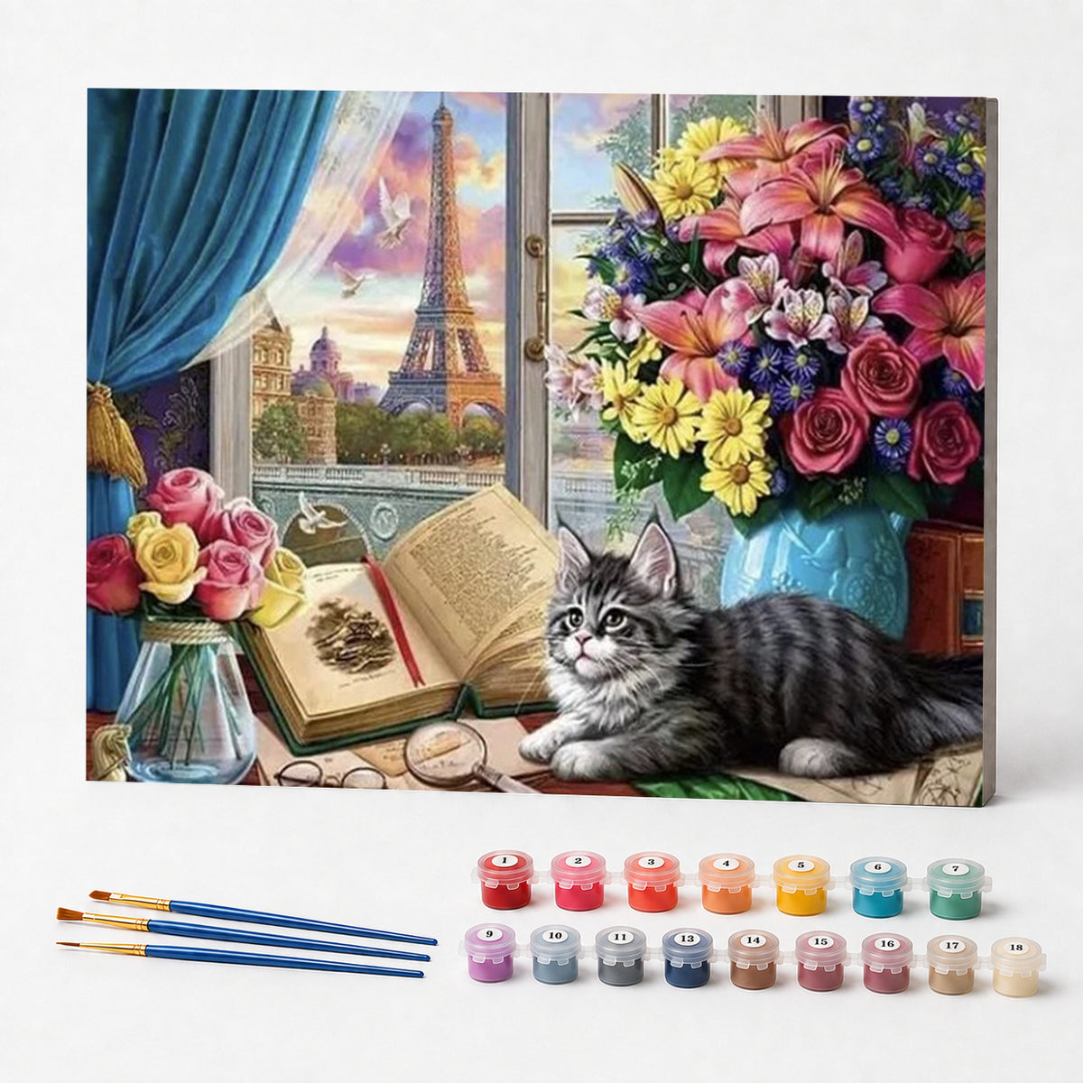 Kit de Pintura Numerada - Gato Leitor em Paris