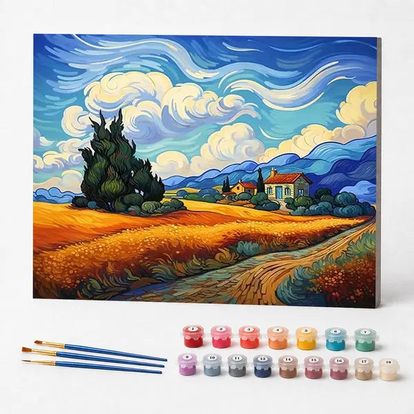 Kit de Pintura Numerada - Releitura Campo de Trigo com Ciprestes de Van Gogh