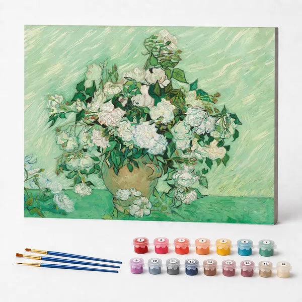Kit de Pintura Numerada - Vaso com Rosas Cor-de-Rosa de Van Gogh