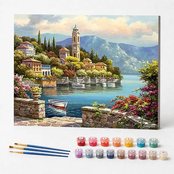 Kit de Pintura Numerada - Vila à Beira do Lago Azul