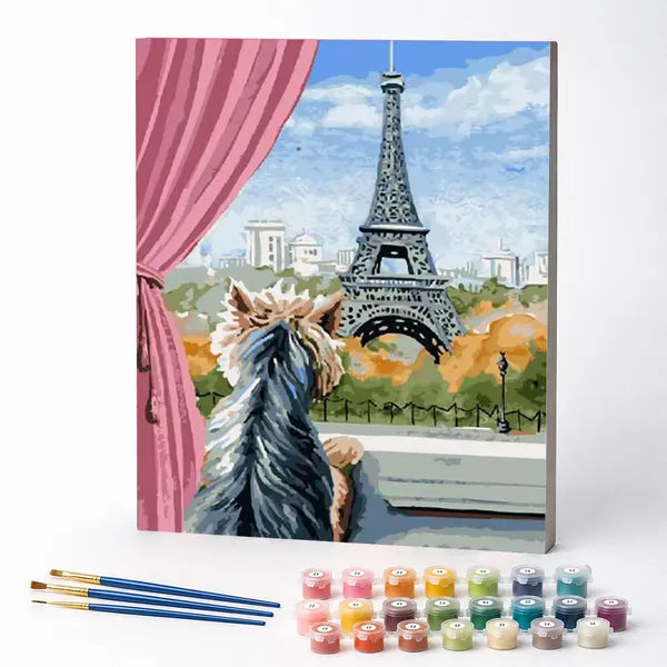 Kit de Pintura Numerada - Yorkshire Contemplando a Torre Eiffel